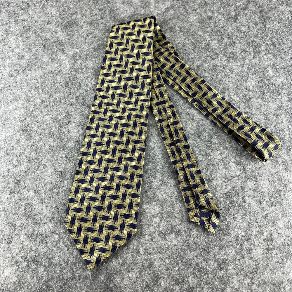Designer Hickey Freeman Hand folded in USA 100% Italian silk necktie blue‎ gold